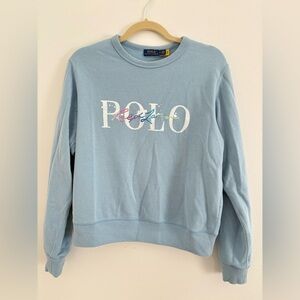 Polo Ralph Lauren Sweatshirt Womens M Blue Pullover Spell Out Logo Fleece Top
